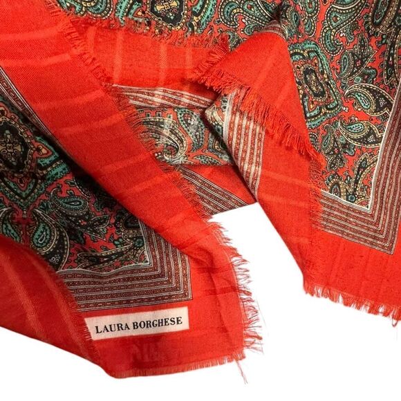 Vintage Laura Borghese, Italy Green and Red Paisley oversized Wrap Scarf Square - Picture 2 of 7